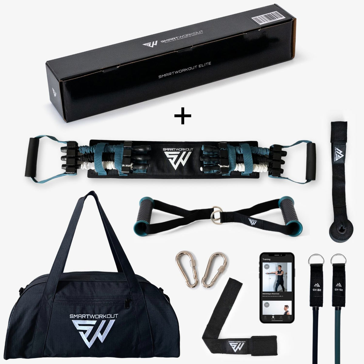 SmartWorkout - Kit Profesional de Bandas de Resistencia para Musculación - Pack Completo de Fitness 19 Unidades, 7 Gomas Elasticas de 120 kg, Barra para elásticos, Asas, Anclaje de Puerta y Programa